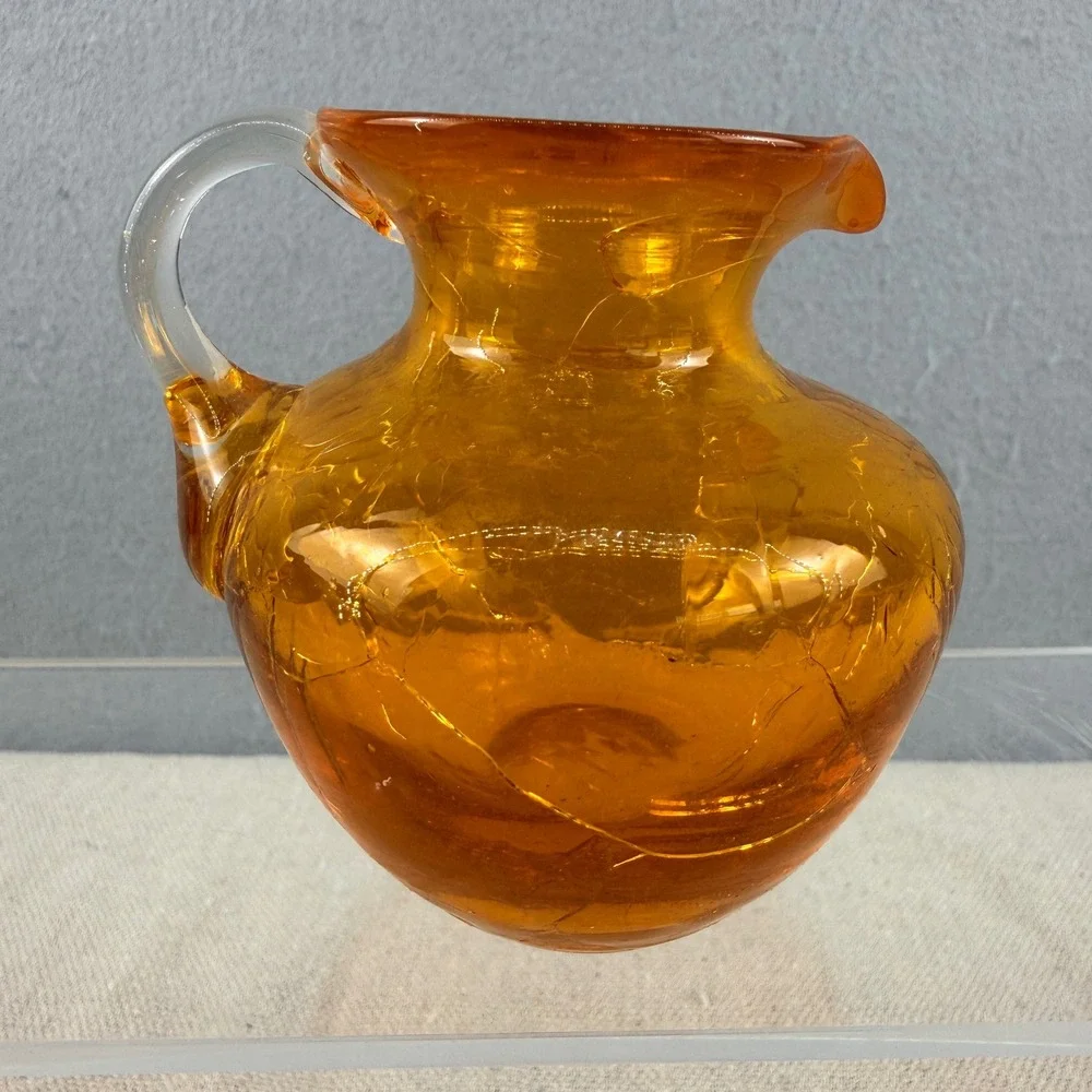 Vintage Amber Crackle Glass Mini Pitcher 3 Inch Hand Blown‎ Decorative Vase